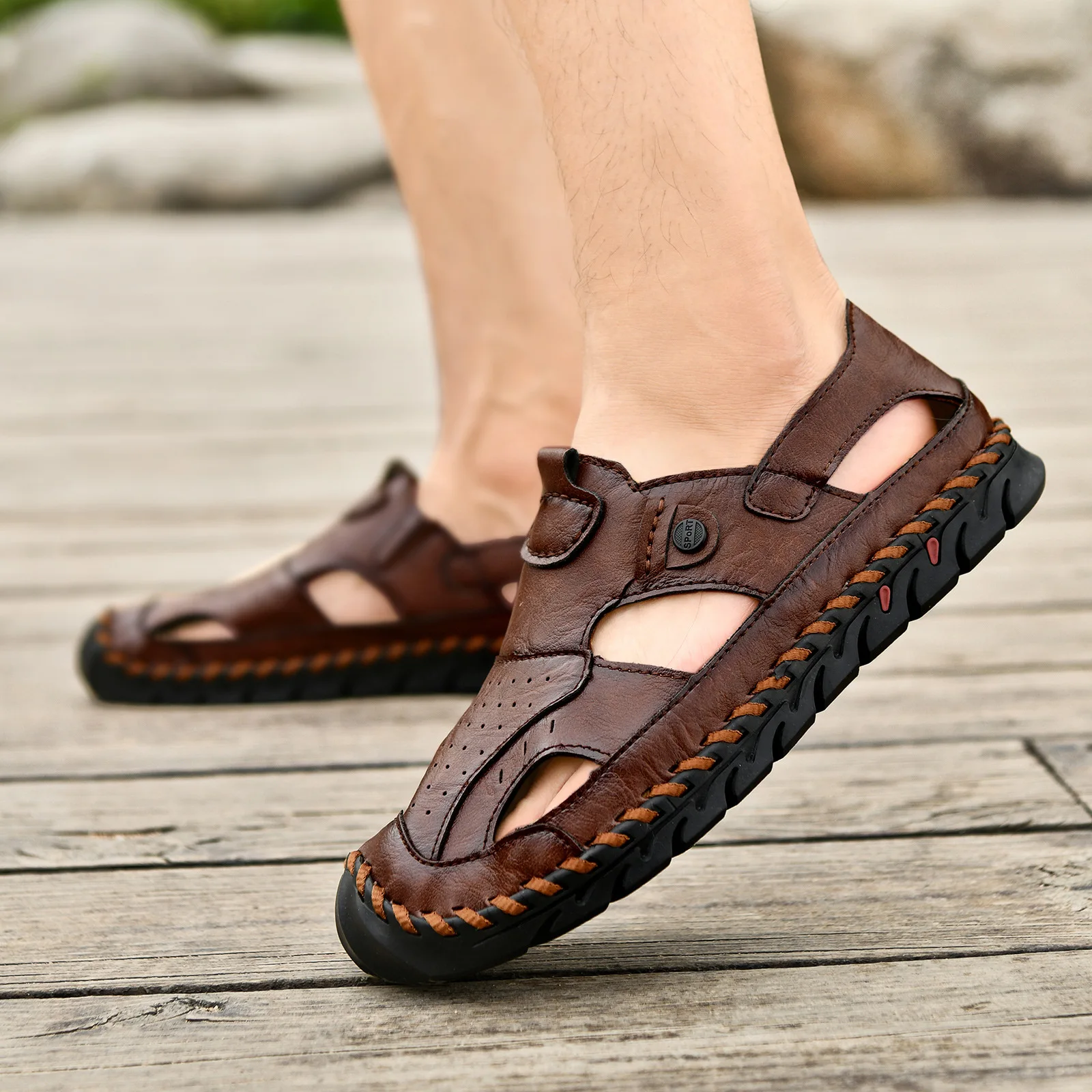 New Summer Men Genuine Leather Cowhide Slippers Outdoor Beach Sandals Casual Shoes Custom