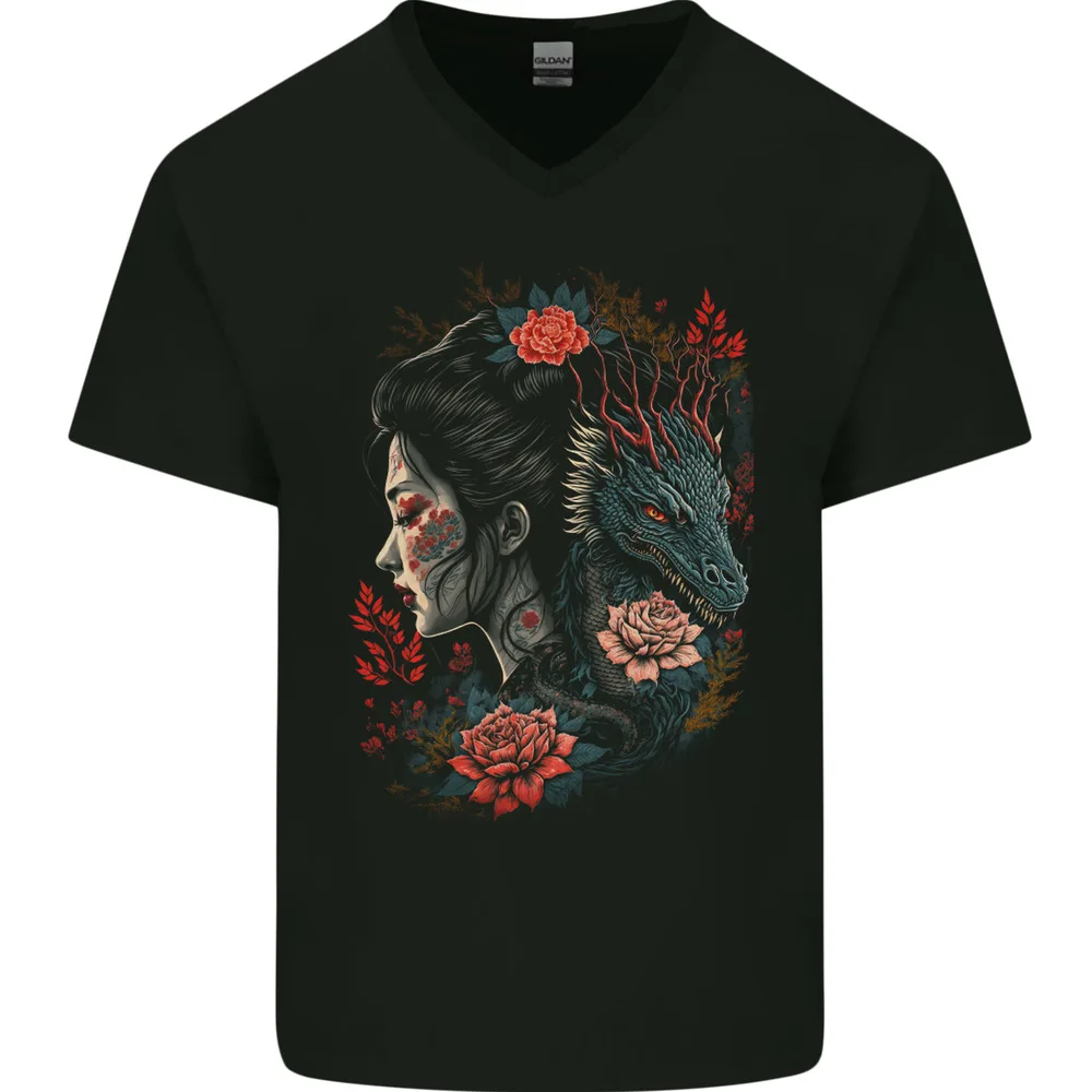 

Fantasy Geisha Girl With Dragon & Roses Mens Women Summer Tees Cotton T-Shirt Anime Graphic