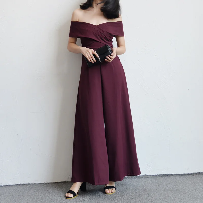 

2022, весенне-осенние женские повседневные однотонные шифоновые комбинезоны полной длины с открытыми плечами, элегантные свободные комбинезоны с широкими штанинами