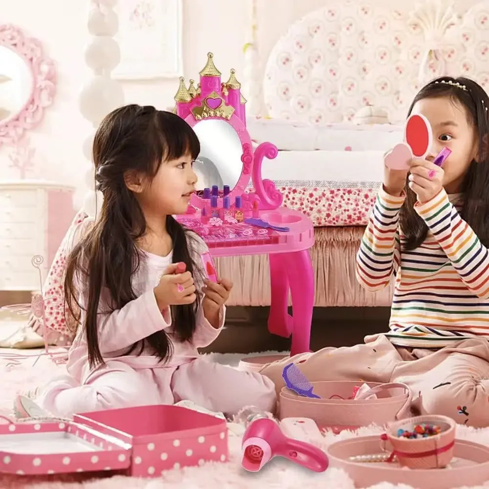 Jouet de table de maquillage avec miroir réglable, siège confortable, orgue électronique, lumières pour petites filles, ensemble de vanité pour tout-petits