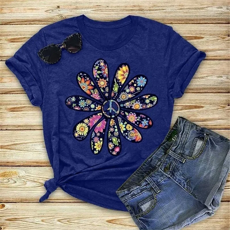 Colorful Daisy Petal Print T Shirt Women Short Sleeve O Neck Loose Tshirt Summer Women Tee Shirt Tops Camisetas Mujer - Image 2