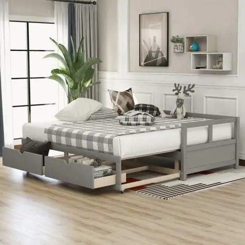 Extendable Daybed with Two Storage Drawers, Twin/King Size FoldableRoll Out Trundle Accommodate Twin Size Mattresses (Gray)