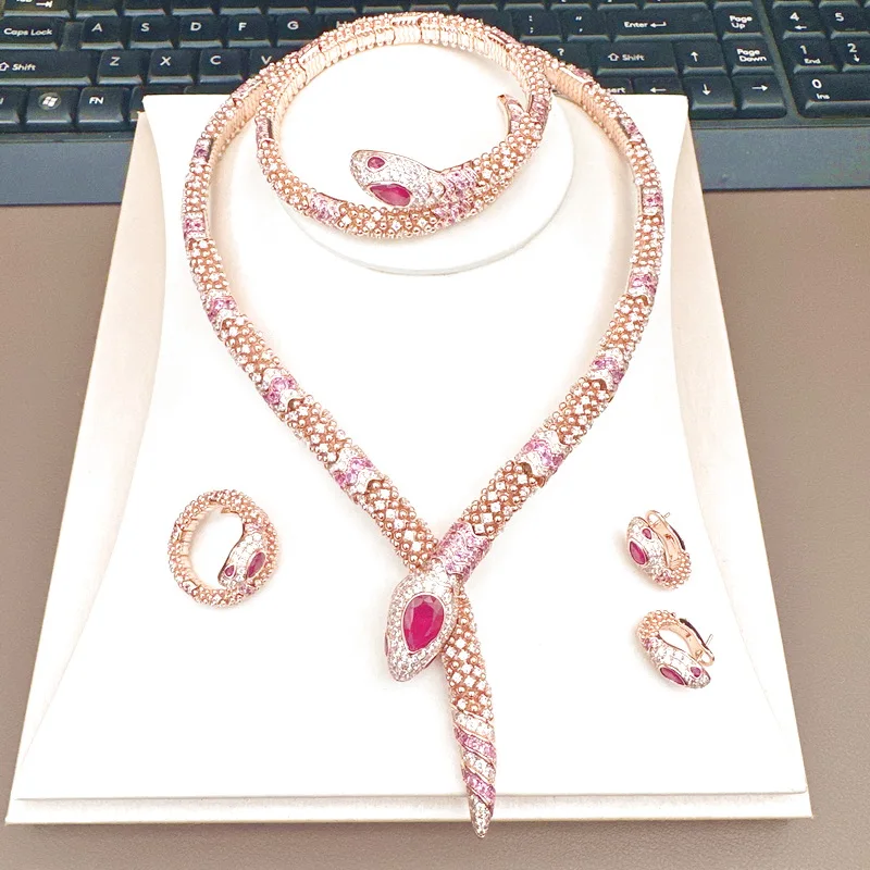 Designer Collection Necklace Bracelet Earrings Ring Inlay Pink Cubic Zircon Synthetic Ruby Snake Snakelike Party Jewelry Sets