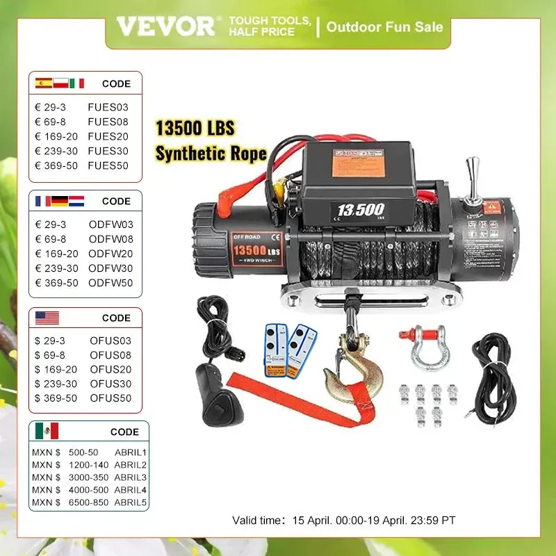 VEVOR 13500 LBS 12V Electric Winch 27M/92FT Synthetic Tow Rope Lifting Treuils Hoist for 4X4 Car Trailer ATV Truck Off Road Boat