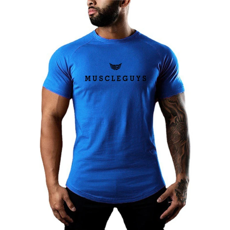 Męskie koszulki sportowe do biegania letnia siłownia trening treningowy stretch T shirt męskie wycięcie pod szyją koszulka Fitness wąska odzież