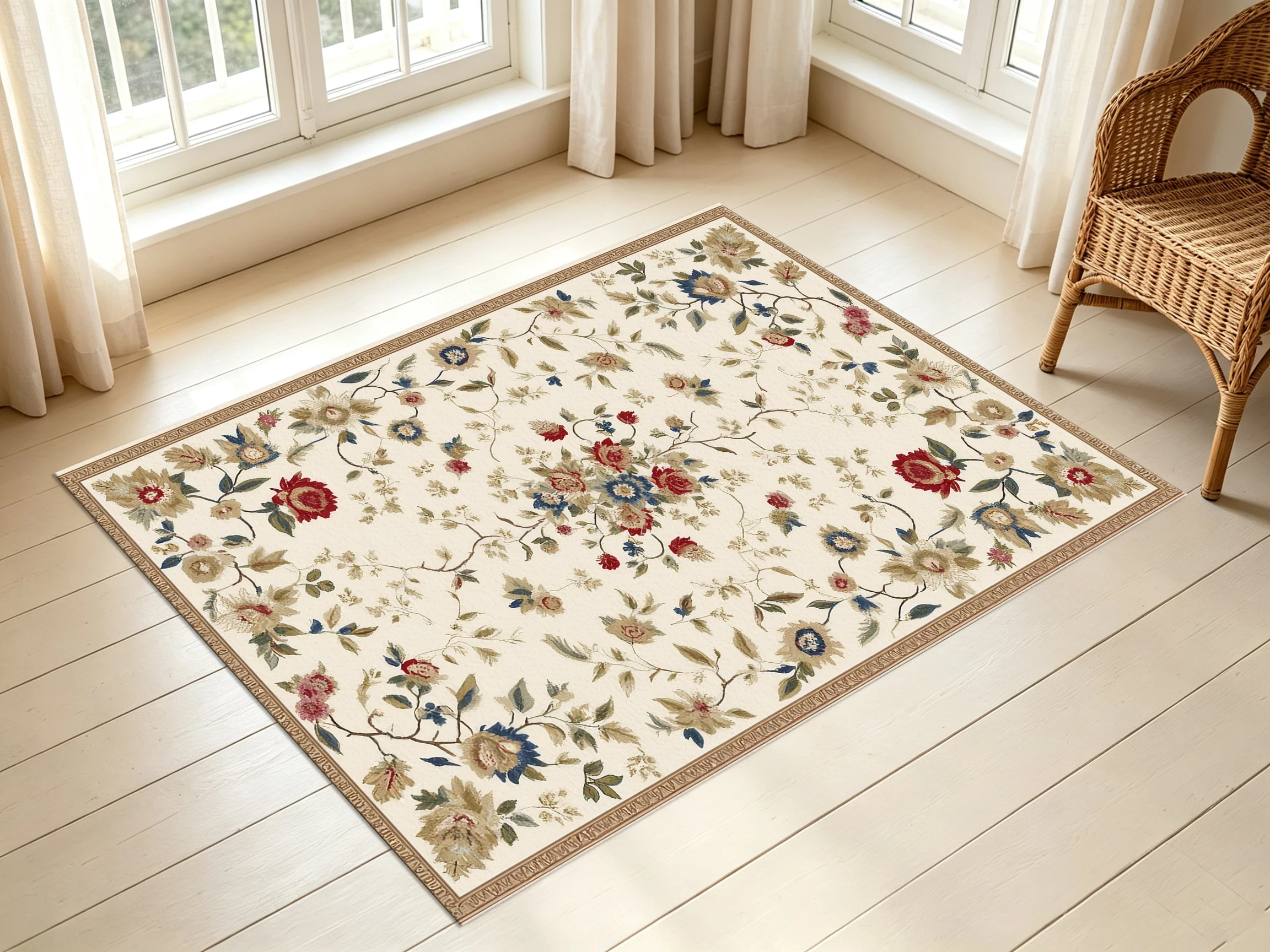 2D Carpet, 2D Large Carpet, Gray-White Background, Vintage Floral French Style, Comfortable to Walk On, Suitable for Living Rooms and Other Places.