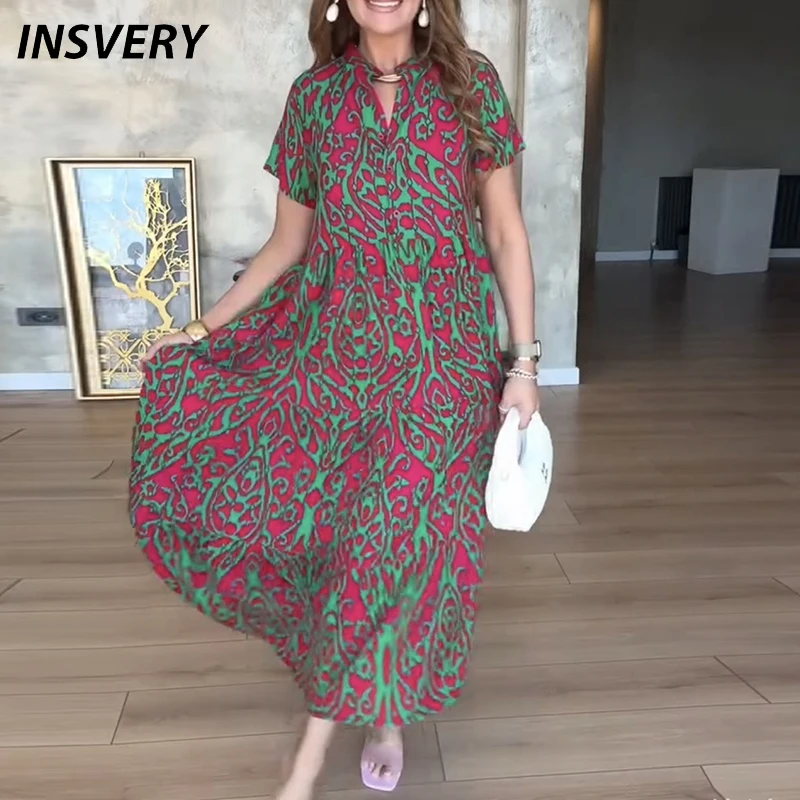 

New Summer V Neck Short Sleeve Maxi Dresses For Women Casual Printed Loose Beach Holiday Dress Plus Size Pocket Party Dress Robe