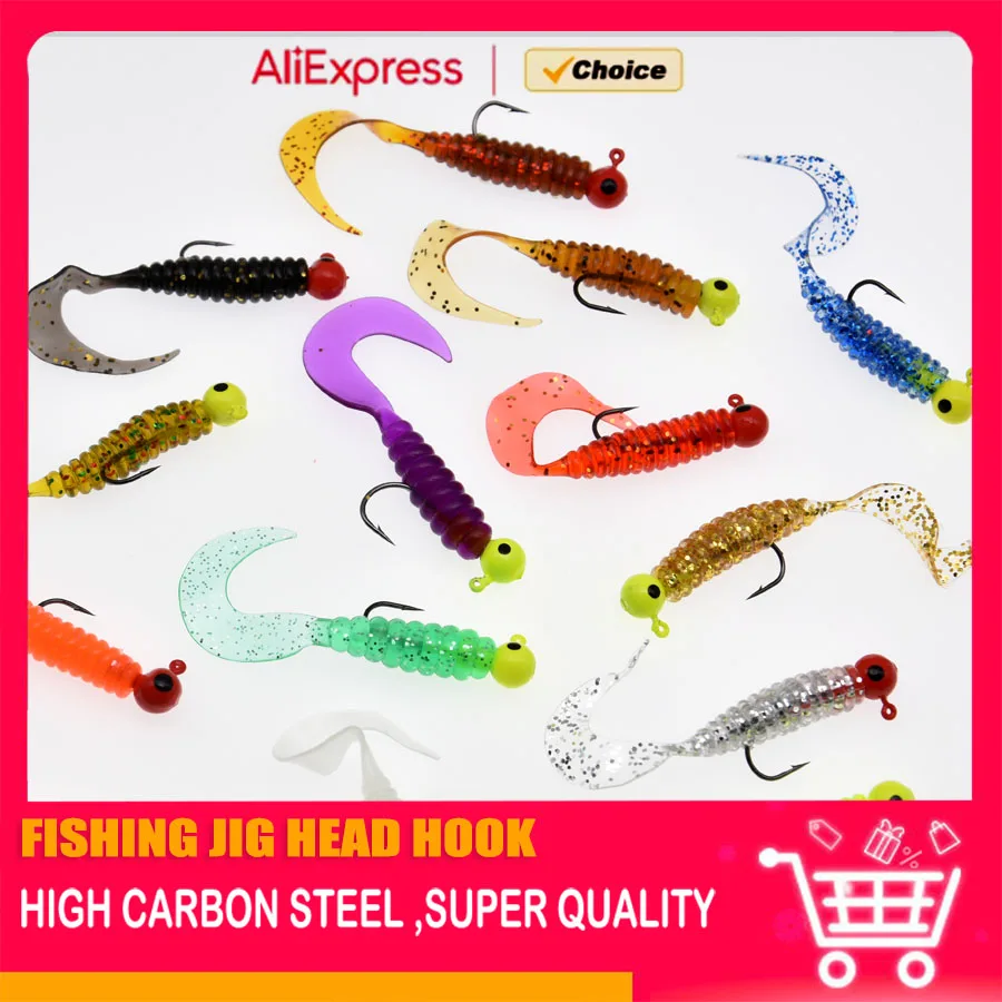 Mrlurion 8 stuks 6 cm vissen set jigging hoofd haak met zachte worm grub lokken aas, baars bas snoek lokken aas isca