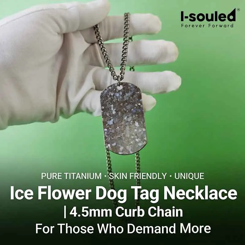 Pure Titanium Necklace 4.5mm Curb Chain 60cm Hypoallergenic | Ice Flower Dog Tag Pendant Trendy Jewelry for Men Women
