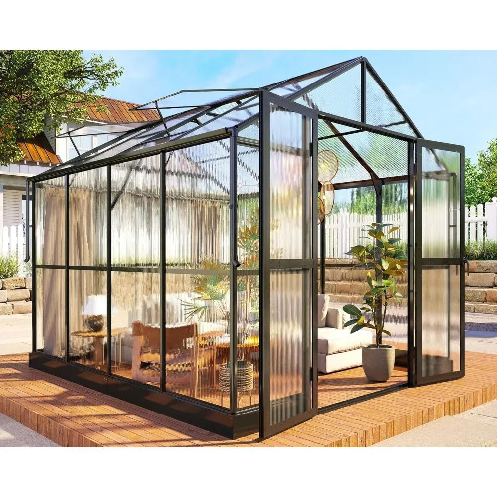 

8x8x7.5 FT Greenhouse - Outdoor Aluminum Polycarbonate Greenhouse , Walk in Greenhouse for Outdoors, Backyard, Garden (Black)