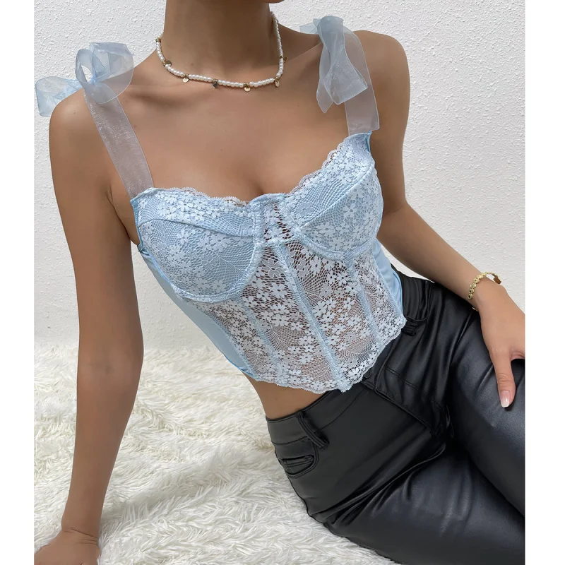 Hot Sale Lace Floral Straps Mesh Hollow Diamond FishboneinsVest Women's Clothing8090