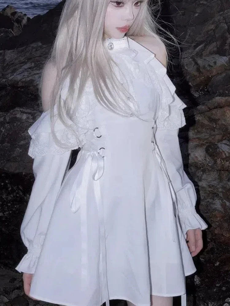

Fashion Sweet Lolita White Lace Dresses Y2k Slim Waist Long Sleeve Dress for Women 2025 Summer New Bottoming Vestidos Mujer