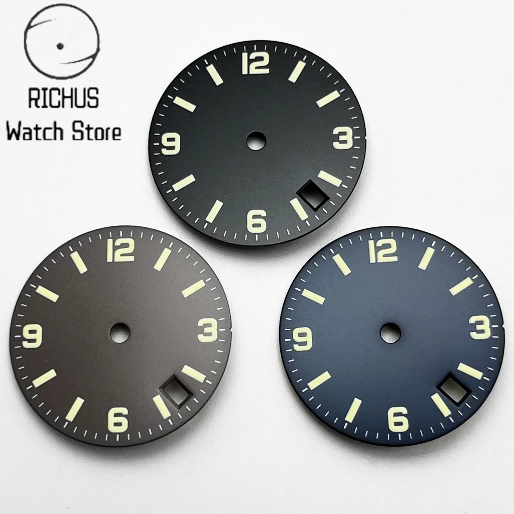 NH35 Sterile 28.6mm Watch Dial Black/Blue 3.8 o\'clock Date Window Green Luminous Automatic Movement Watch Accessories Parts