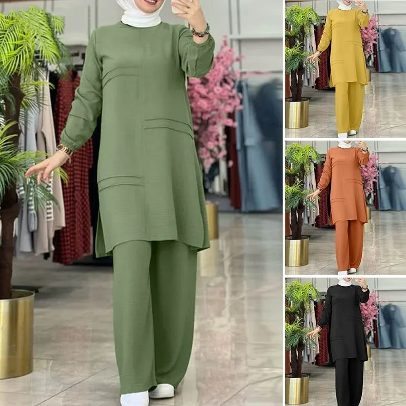 Sportswear 2ps Muslim Set Elegant Vintage Long-sleeved Shirt and Loose Wide-leg Pant Casual Muslim Dress Loose Elegance Abayas