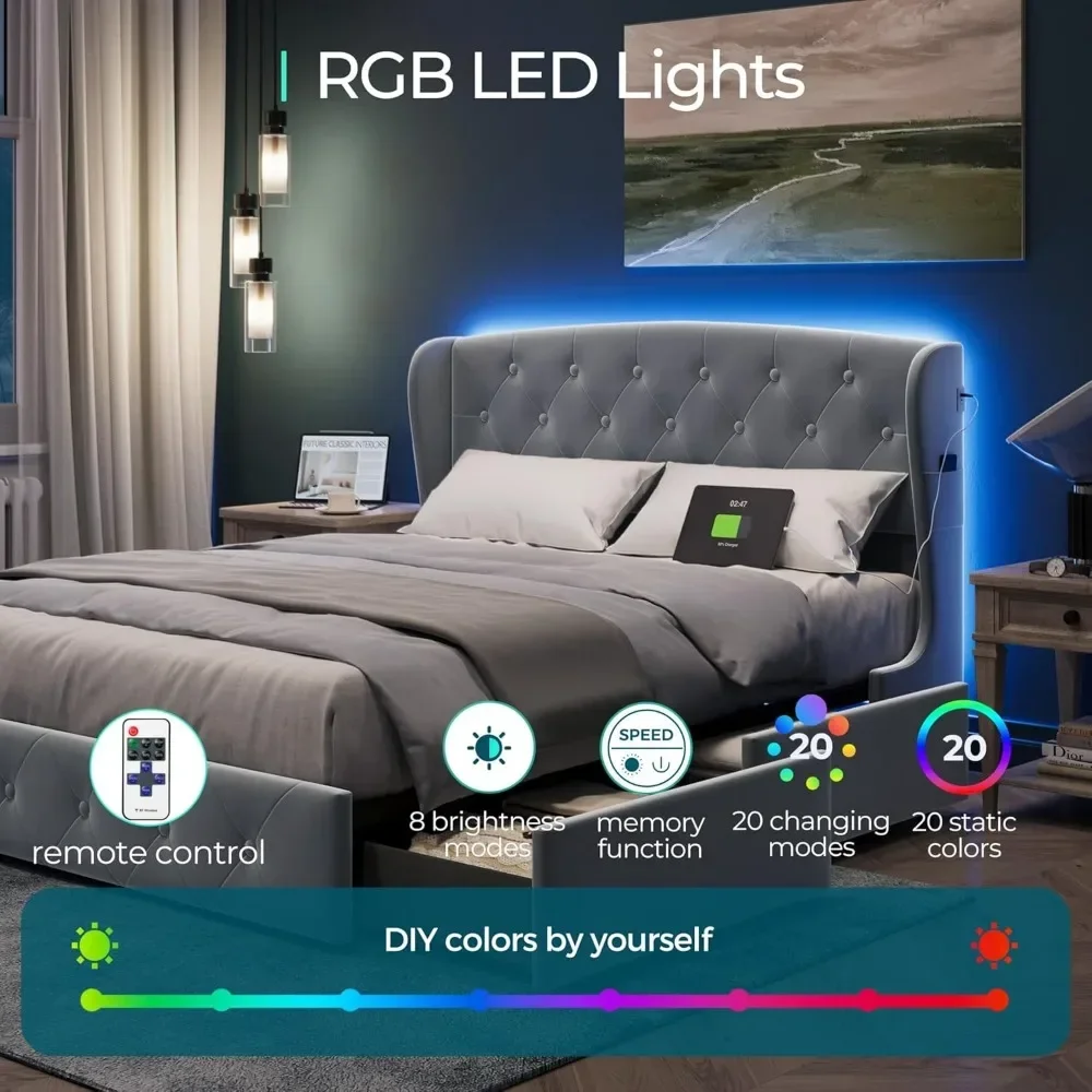 Estrutura de cama, estrutura de cama estofada em veludo com luzes RGB e carregador USB-C, estrutura de cama plataforma tamanho Queen com armazenamento