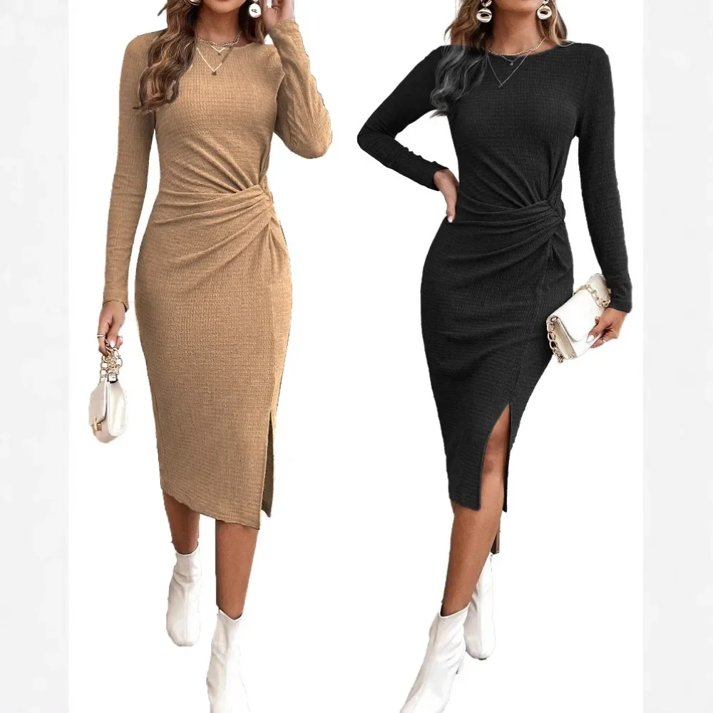 Women's Autumn/Winter Ribbed Knitted Midi Dress Long Sleeve Round Neck Elegant Twisted Waist Open Collar Tight Dress