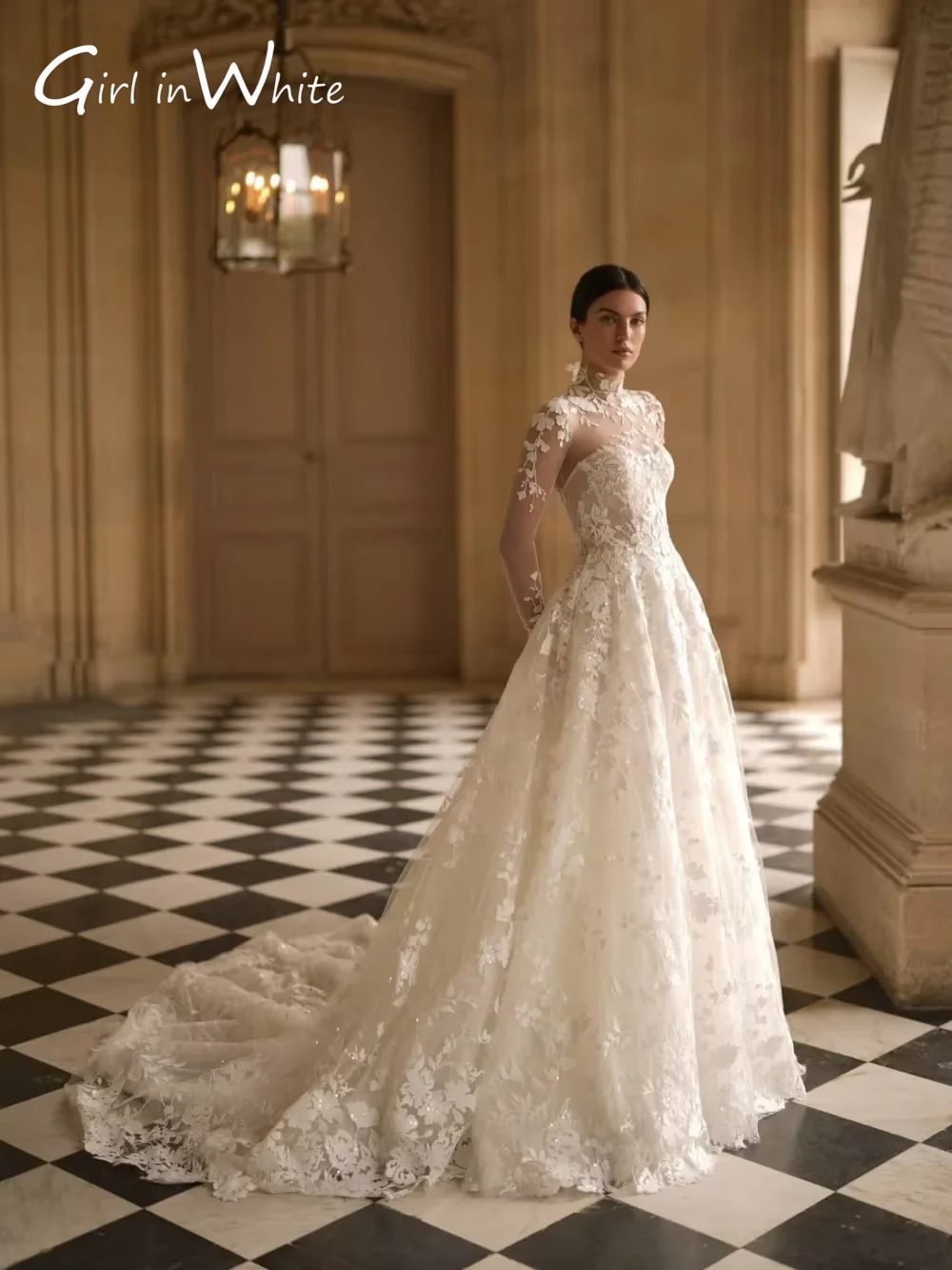 A-line Long Wedding Dress With Detachable Jacket High Neck Lace Appliques Customized Long Sleeves Wedding Dress Bridal Gown 2025
