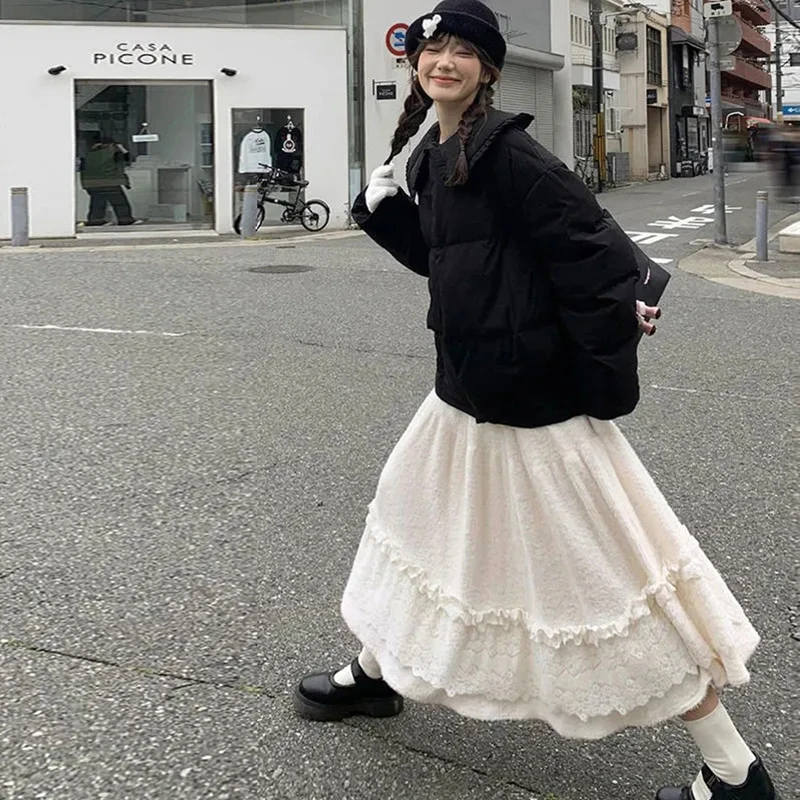 Japanese Sweet Midi Skirt Women Lace Patchwork High Waist Winter Chic Cake Skirts Cute Preppy Casual Aesthetic New Plush Skirt