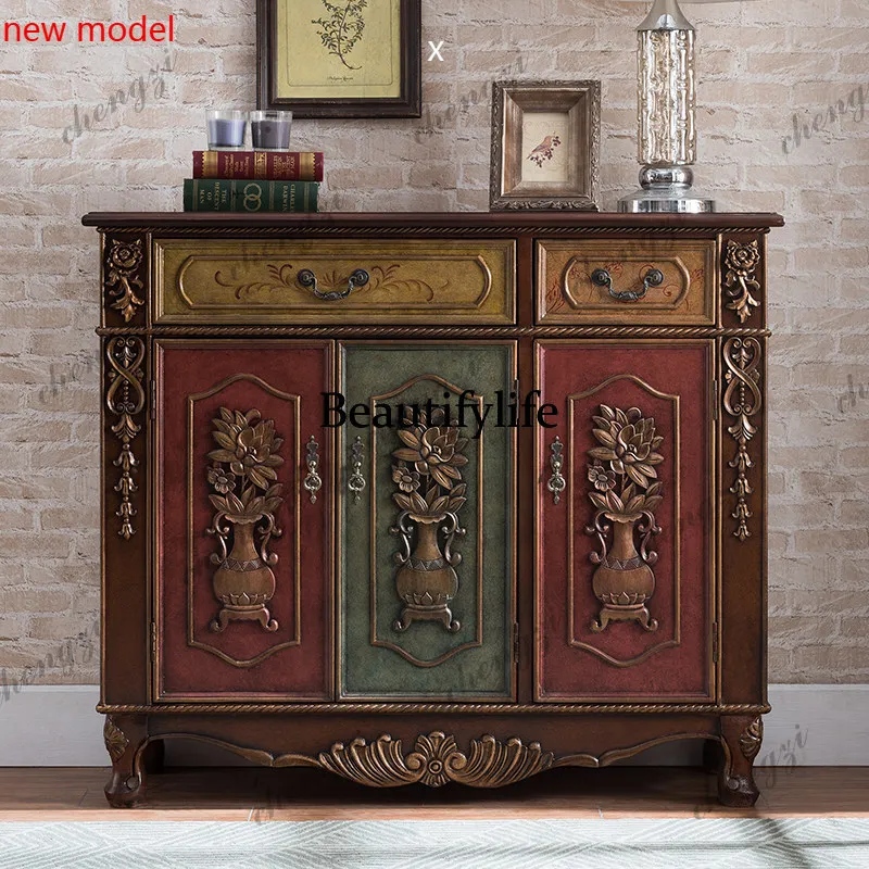 DD182Painted four-door solid wood shoe cabinet carved and made old three-door shoe cabinet retro entrance, locker