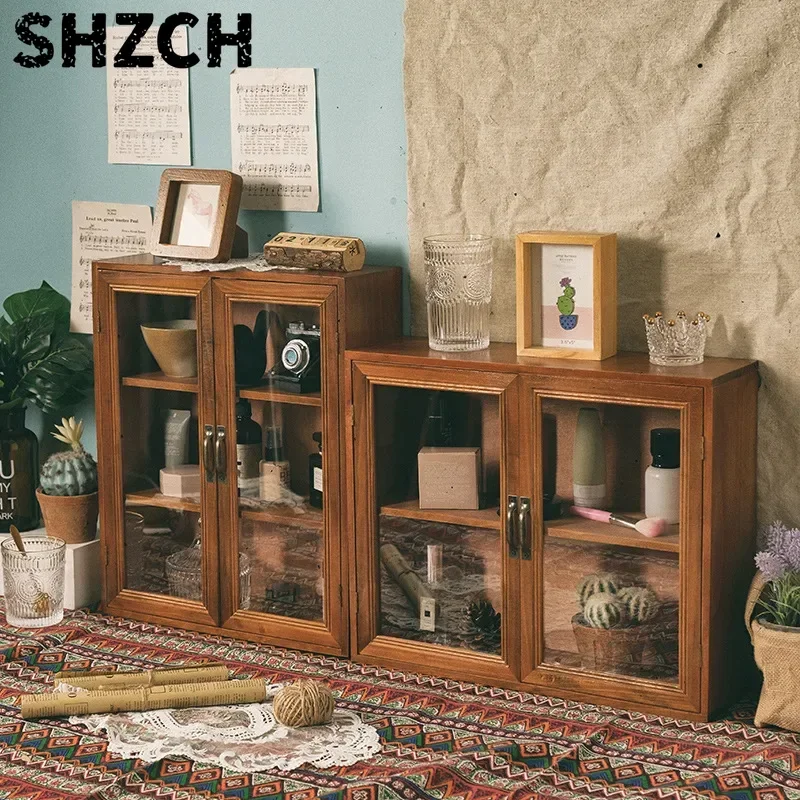 Vintage Handcrafted Storage Cabinet Multi-Layer Wooden Organizer Tea Set Display Cabinet Decorative Two-Door Storage Unit