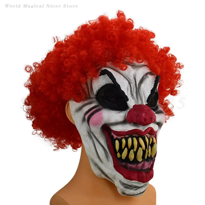 Horror Halloween Maschera da clown Capelli rossi Bocca grande sopra la testa Maschera in lattice Spaventoso Clown Puntelli Cosplay Accessori divertenti Parodia Prop