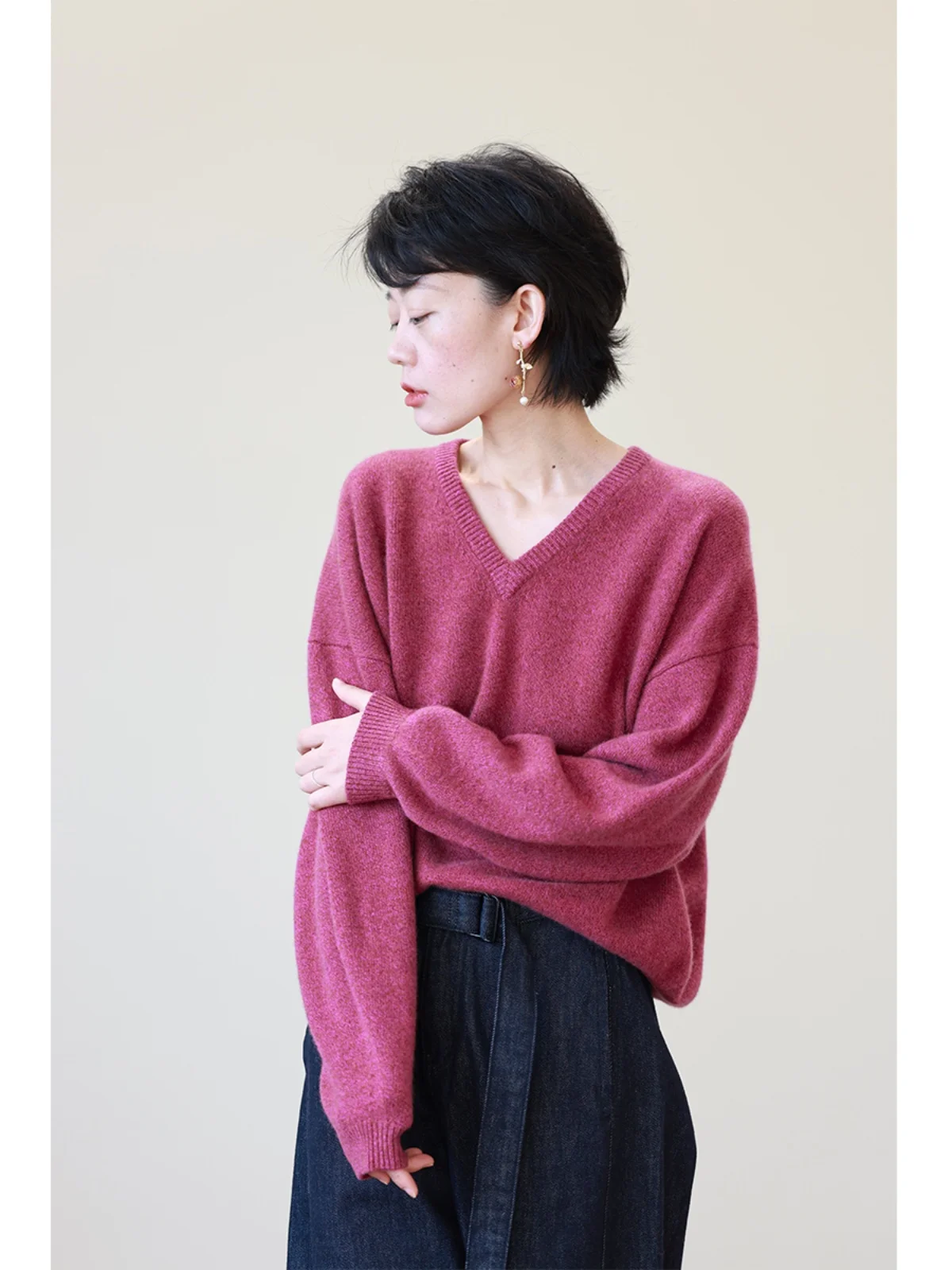 

Kang Sini Purple Floral Camere V-Ne Knitted Sweater Women's Winter Thi Warm Base Layer irt Loose Fit Long Sve