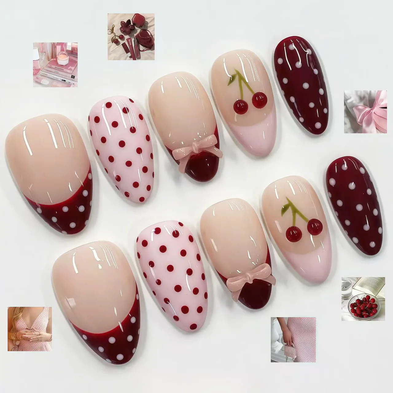 24 Stück Tropische Grüne Polka Dots Französische Kunstnägel 3D Rosa Blumen mit Silbernen Wirbelmustern Mandelförmige Aufklebnägel Hohe Qualität