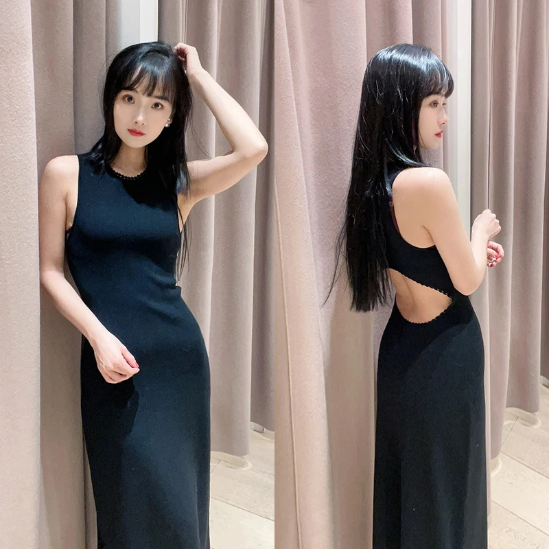 Women's Knit Backless Long Dress, O-Neck, A-Line, Elegant Style, High Street, Chic, Fashionable, Design, Trendy, Stylish, New