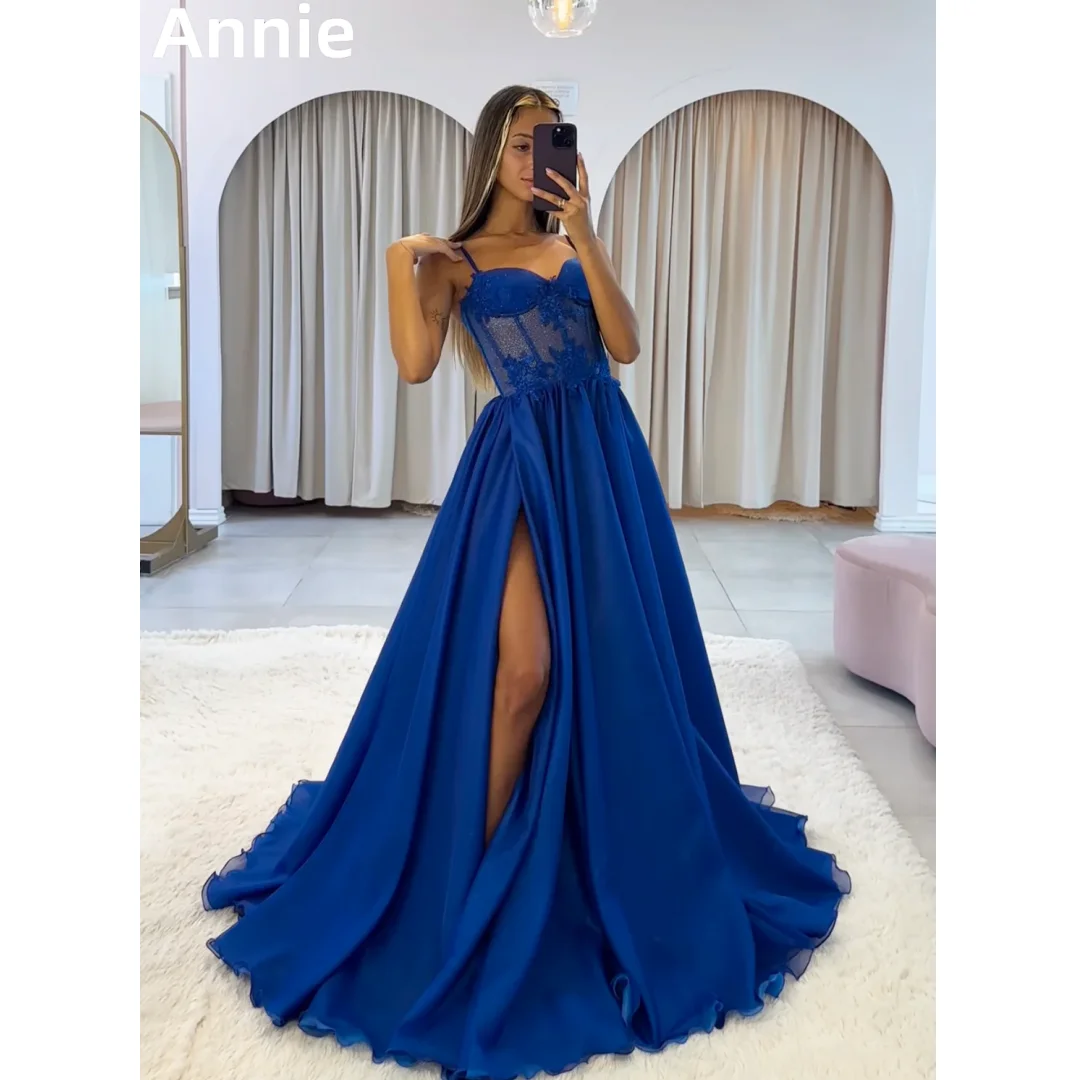 

Annie Spaghetti Strap Blue Prom Dresses Glitter Lace Embroidery Evening Dresses A-shaped Formal Occasions Elegant Party Dress