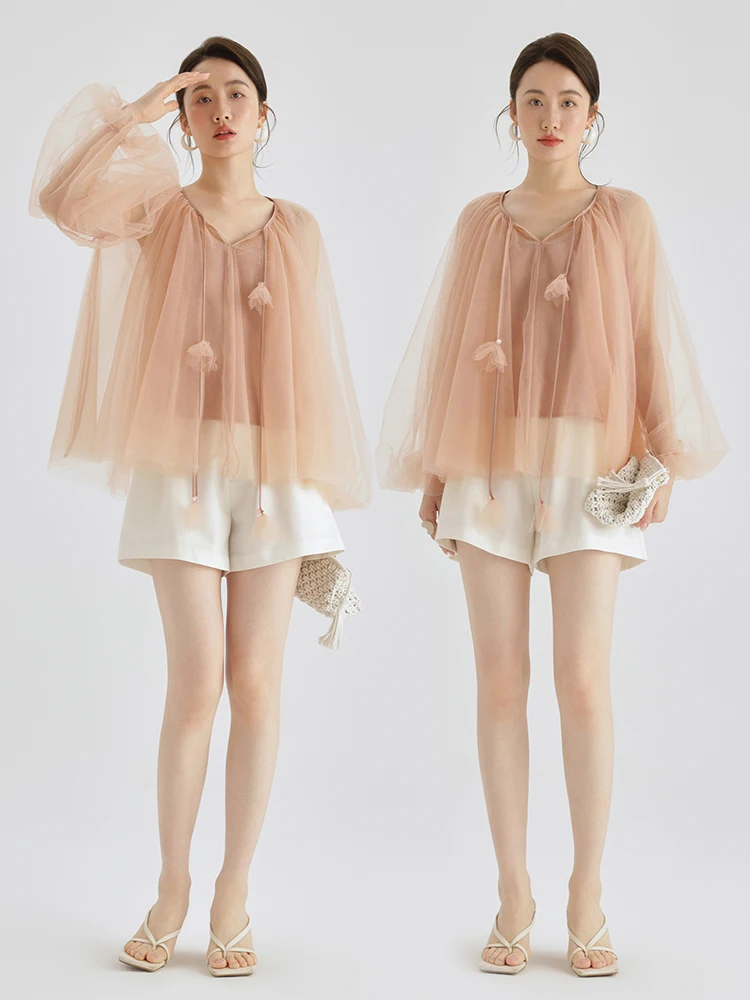 

Floral Loose Sve irt And ter Top Two-Piece Set French Sle Straight Cut Long Sve Bubble Sve Polyester Fiber