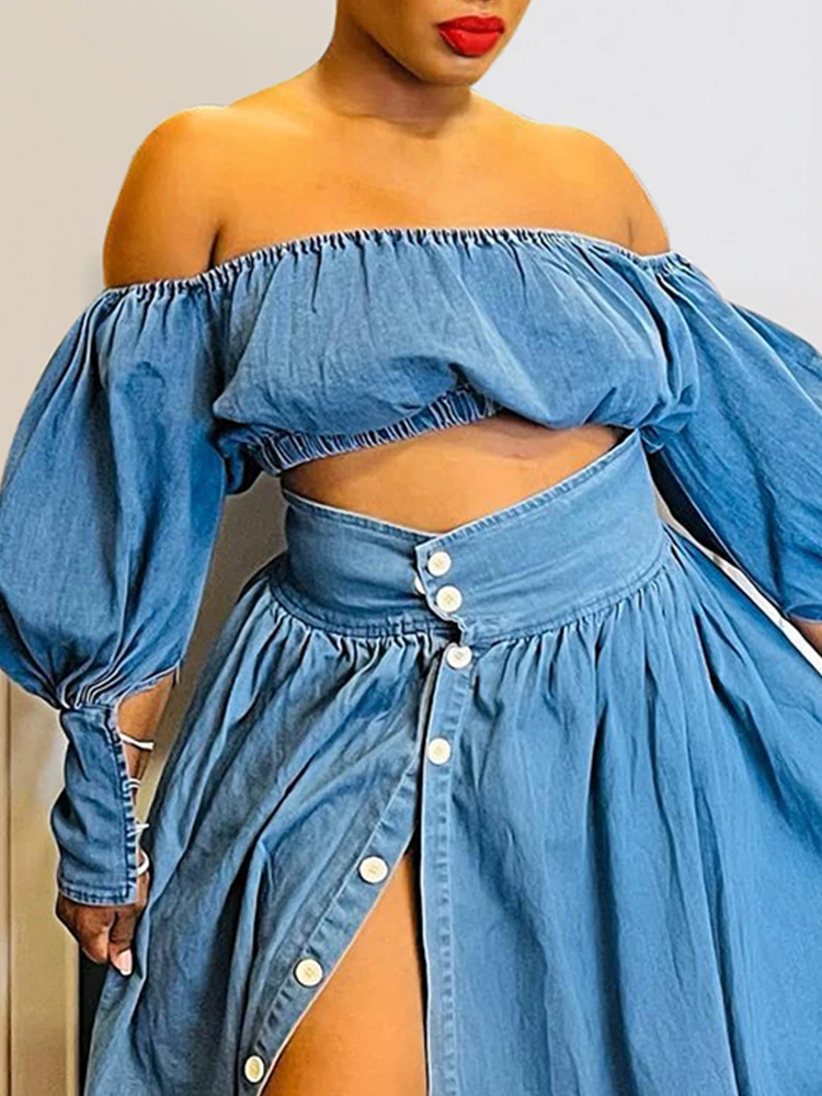 Damski dżinsowy dwuczęściowy zestaw Plus Size Split Hem Off the Shoulder Elegancki elastyczny top z bufiastym rękawem i spódnica z wysokim stanem