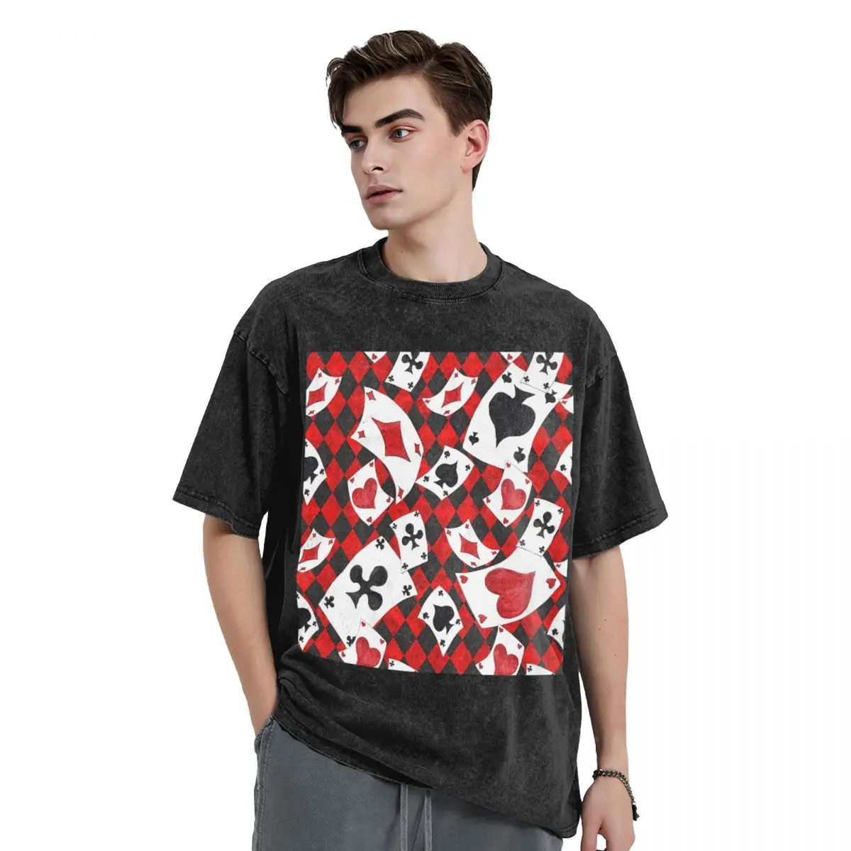 Cool Poker Playing Cards Pattern Gambling Card Game Washed T Shirts Casual Short Sleeve Hip Hop T-Shirt Streetwear Tops Tees