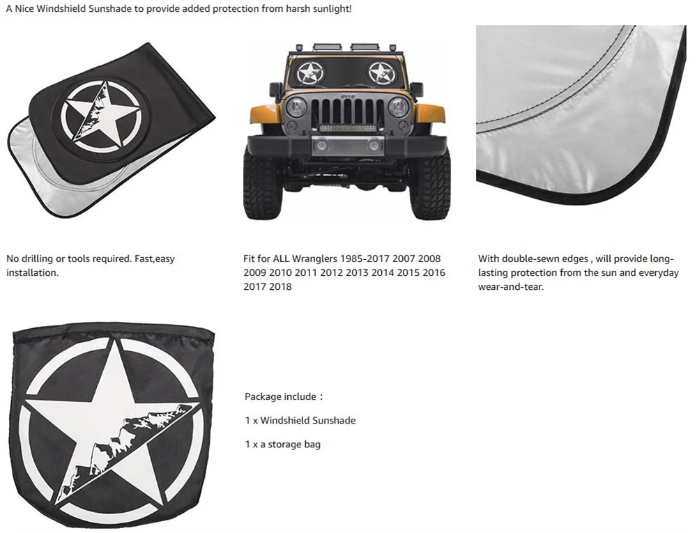 Für Jeep Wrangler Zubehör jk, tj, lj, yj Windschutz scheibe Sonnenschutz passt jedes Jahr Wrangler 2015-2017 Custom Fit, Hitzeschild Sonnen matte – Detail 6