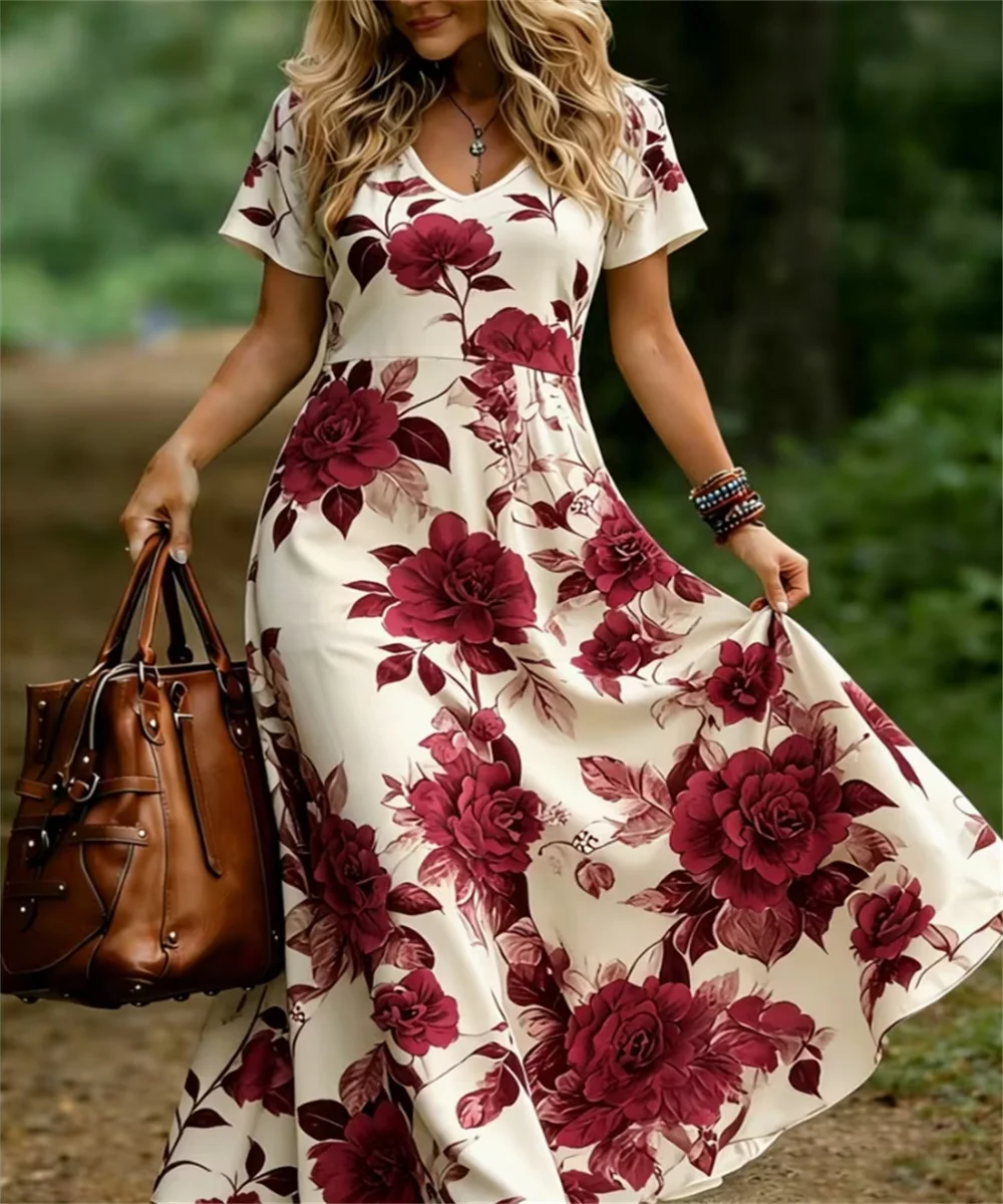 Women's summer new red peony print dress V-neck short sleeved loose casual long skirt