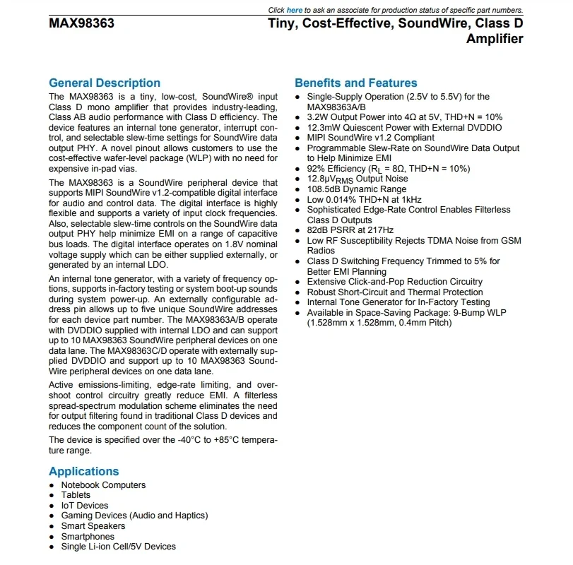 MAX98363DDEV #   ชุดประเมินผลสำหรับเครื่องมือพัฒนาไอซีเสียงแบบกำลังขับเดี่ยวของซาวด์เวียร์