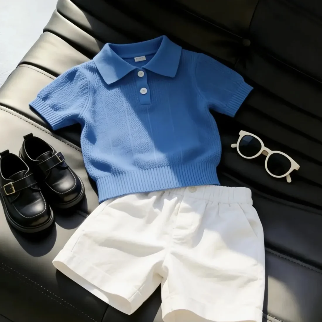 

Boys Summer Short Sleeve Outfit Stylish Children's Hollow Polo T-Shirt And Shorts Two-Piece Set Kids Outfits