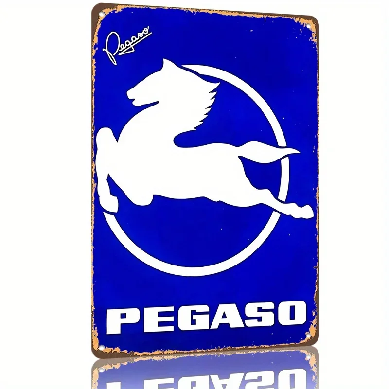 Letrero de metal de caballo Pegaso vintage, arte de pared con logotipo de camión español retro, lata azul y blanca para garaje, cueva de hombre, bar