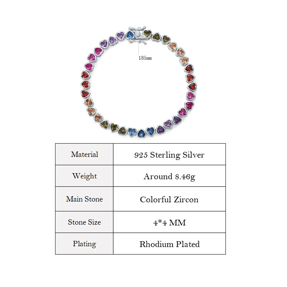 ALLNOEL 925 Sterling Silver Tennis Bracelet Colorful Rainbow CZ Heart Shaped Zircon Bracelet For Women Fine Jewelry Wholesale