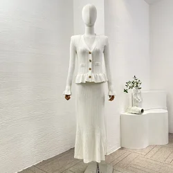 Biała 2024 Lady New Design Collection Najwyższej jakości falbany z pełnym rękawem Elegancka damska sukienka midi o kroju syreny