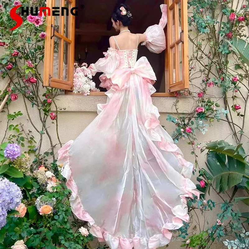 

Pink Fairy Princess Dress Set Women's Slim Fit Bow Top and Skirt Set Two-piece Set with Long Trailing Ladies Wedding Party Dress