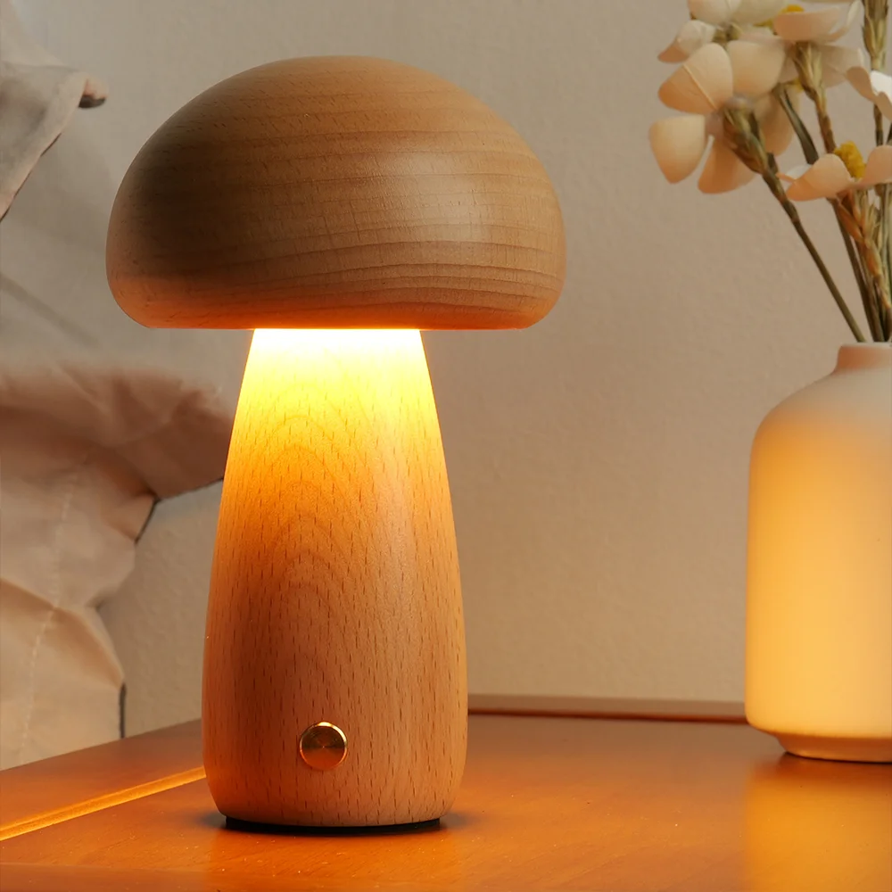 Creative Ins Solid Wood Mushroom Lamp With Touch Switch Wooden Cute Mushroom Table Lamp Childrens Room Sleeping LED Night Lamps