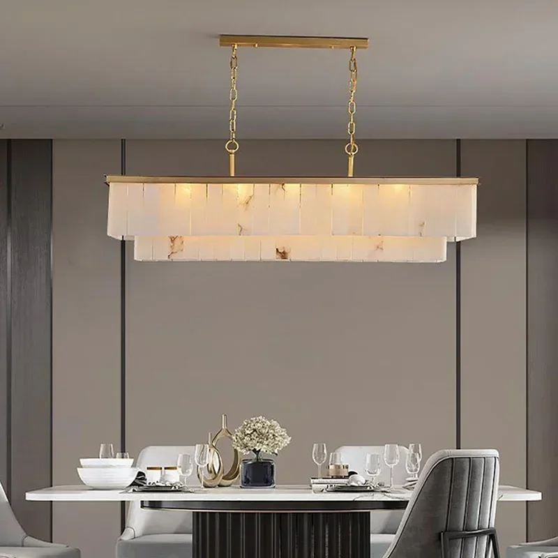 Rectangular Dimmable LED Natural Marble Design Ceiling Chandelier Lighting Lustre Suspension Luminaire Lampen For Dinning Room