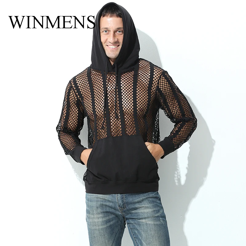 Men's Cut-outs Hoodie Solid Breathable Fishnet Youth Sports Shirts Long Sleeved Casual Loose Sweatshirts