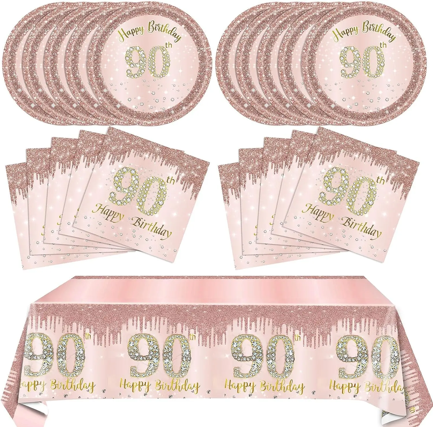 Women 90th Birthday Party Decorations Supplies Rose Gold Ninety Year Old Birthday Disposable Tableware Include Plates Napkins