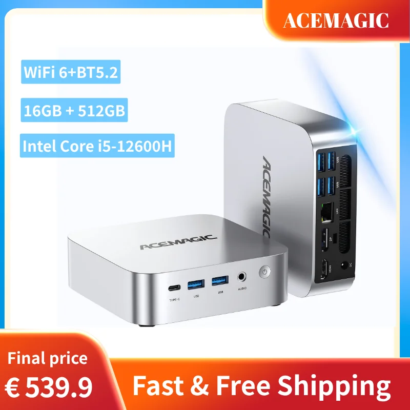 Mini PC ACEMAGIC Intel Core i5-12600H 12C 16T hasta 4.5GHz 16GB DDR4 512GB PCIe SSD WiFi 6 BT5.2 Triple Pantalla 4K Windows 11 Pro