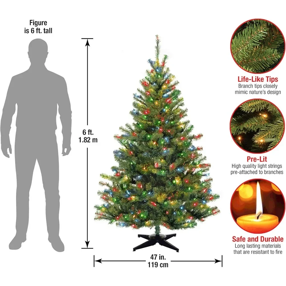 Pre-Lit Artificial Medium Christmas Tree, Green, Kincaid Spruce, Multicolor Lights, Includes Stand, 6 Feet