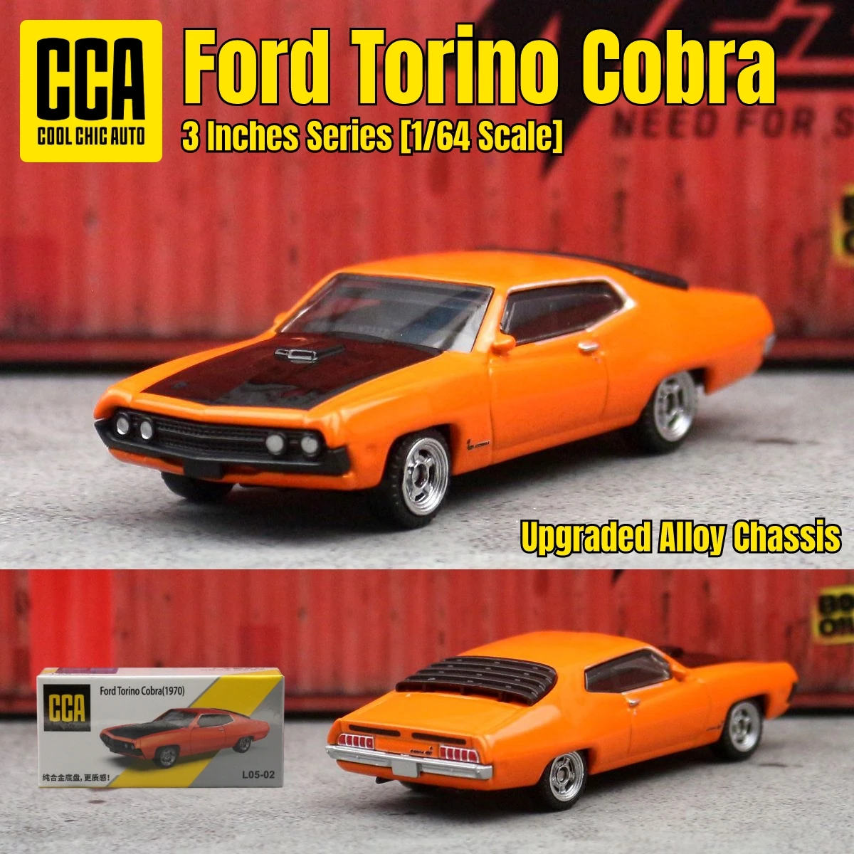 Miniatura Ford Torino Cobra Sedan 1/64 CCA MSZ 3 polegadas, Carro de Brinquedo em Liga de Zinco com Rodas Livres, Coleção Diecast, Presente para Crianças