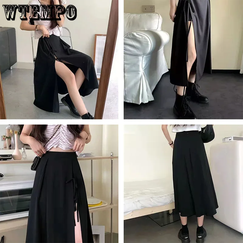 WTEMPO New Women Fashion Black Side Split Skirts Girls Summer Streetwear High Waist Mid-Calf Preppy Style Lace-up Pleated Skirts