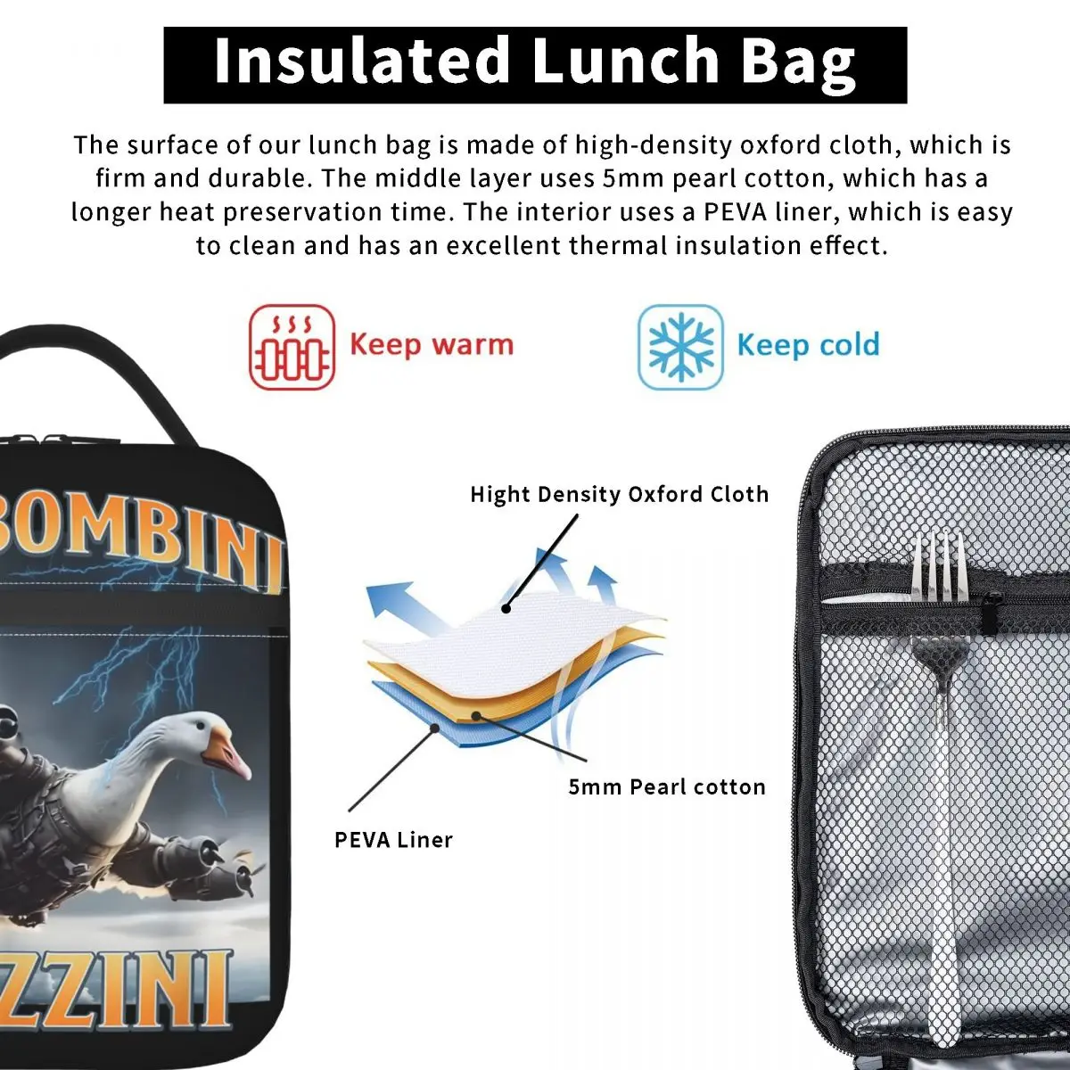 أكياس الغداء المعزولة Bombombini Guzzini مضحك أوزة ميمي المنتج الإيطالي Brainrot Meme علبة طعام الغداء برودة صندوق بينتو الحراري #5