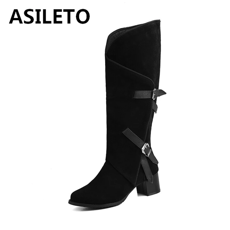 ASILETO 2024 New Women Knee Boots 5cm Square Heel Wide Leg Round Toe Flock Suede Buckles Black Red Casual Big Size 44 45 46 47